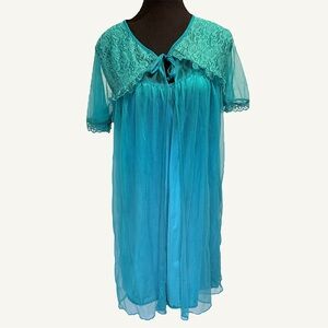 Elsie of Miami Vintage Teal Peignoir Set Large Sheer Robe Chemise Lace Romantic